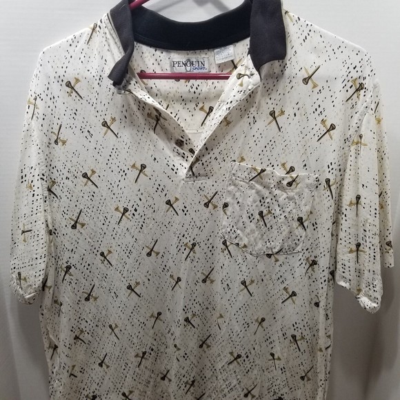 Penguin Sport Men's Polo Shirt Size M Ivory With Golf Tees Print Short Sleeve - Picture 4 of 9